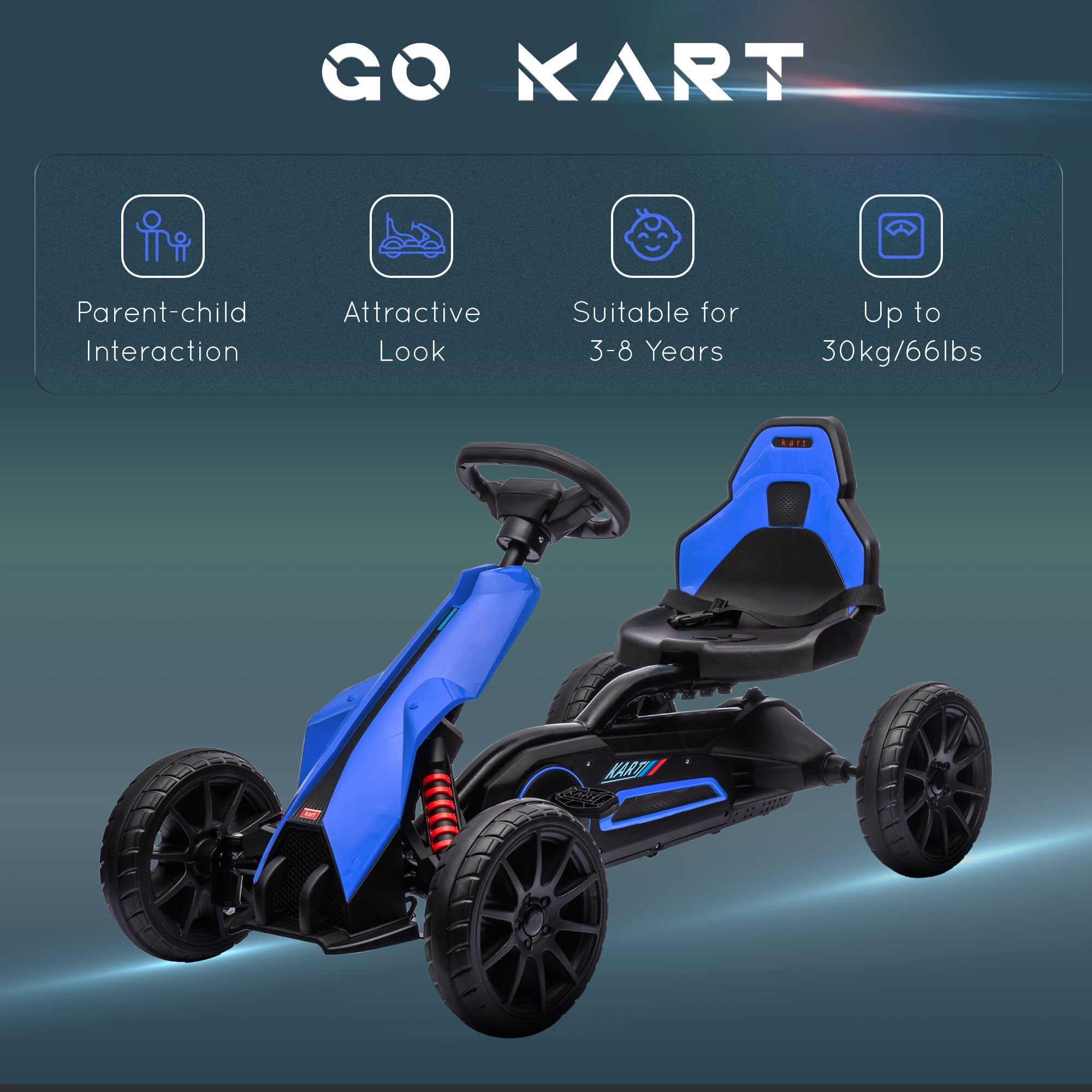 Kids Pedal Go Kart W/ Adjustable Seat, Swing Axle, Blue