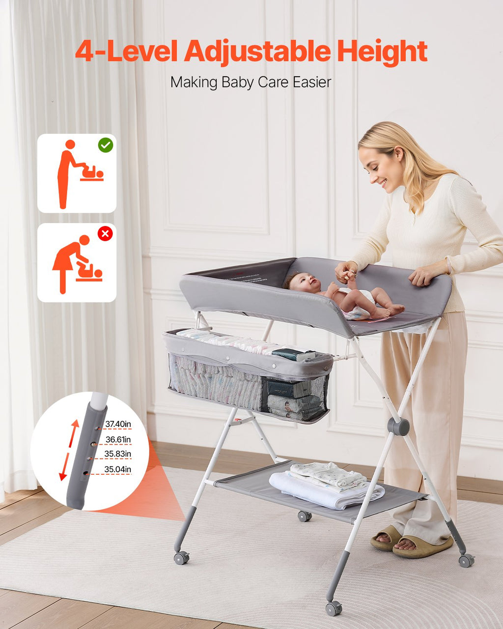 Foldable Baby Changing Diaper Station With Side Basket & Wheels Light Gray
