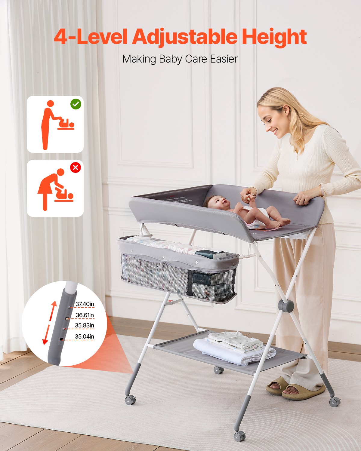Foldable Baby Changing Diaper Station With Side Basket & Wheels Light Gray