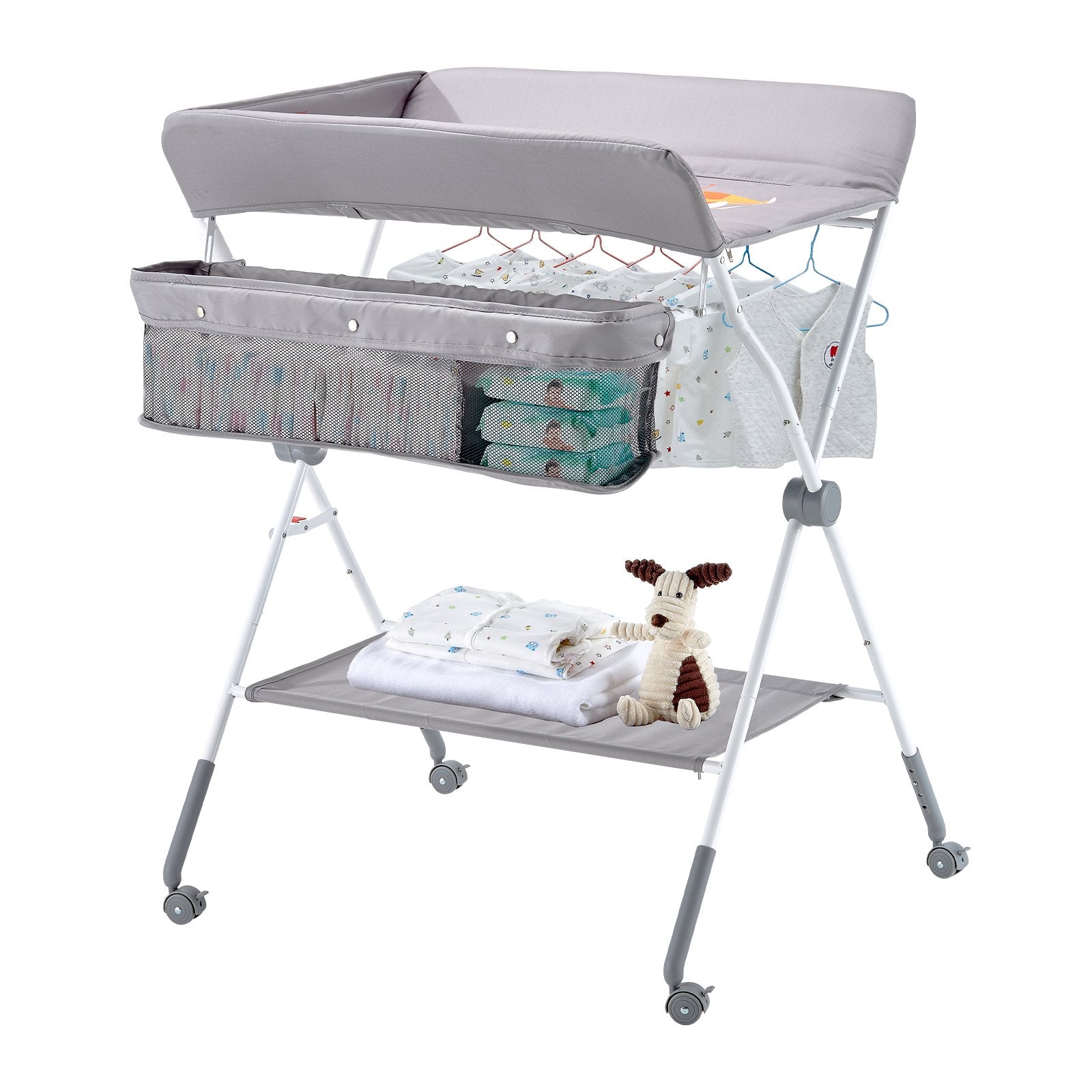 Foldable Baby Changing Diaper Station With Side Basket & Wheels Light Gray