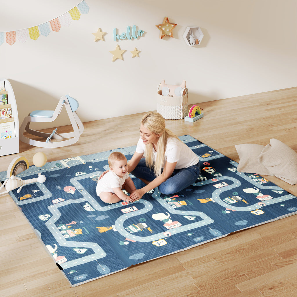 Foldable Baby Play Mat, Baby Playpen, Reversible Foam Playmat, Floor Mats For Toddlers, Traffic And Grey Diamond Theme