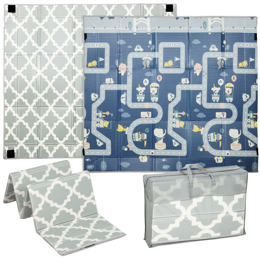 Foldable Baby Play Mat, Baby Playpen, Reversible Foam Playmat, Floor Mats For Toddlers, Traffic And Grey Diamond Theme