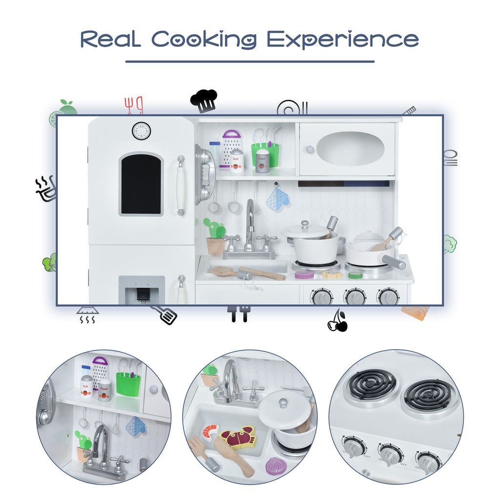 Kids Kitchen Playset with Telephone, Wooden Kitchenette for kids with Cookware, Storage Cabinet, Water Dispenser, Blackboard, Toddler Pretend Play Kitchen with Cooking Accessories for Aged 3+