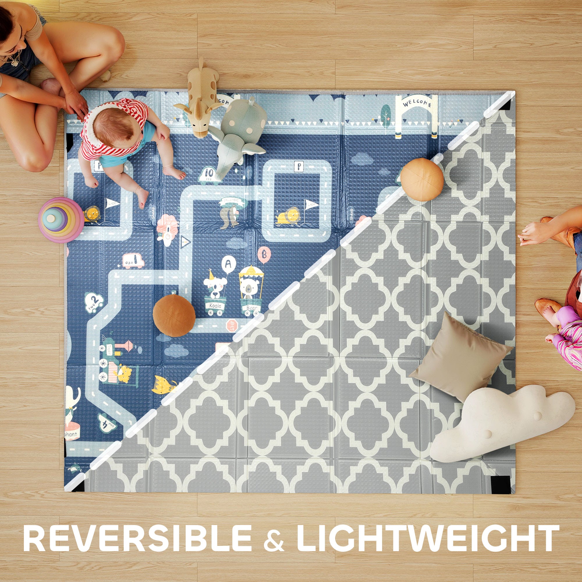 Foldable Baby Play Mat, Baby Playpen, Reversible Foam Playmat, Floor Mats For Toddlers, Traffic And Grey Diamond Theme