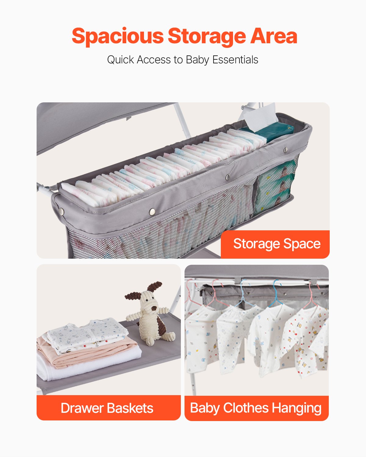 Foldable Baby Changing Diaper Station With Side Basket & Wheels Light Gray