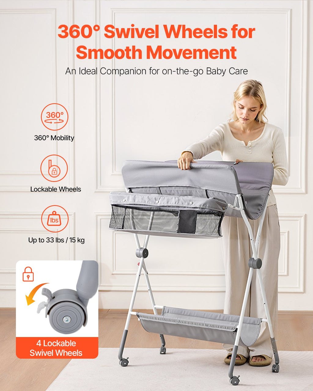 Foldable Baby Changing Diaper Station With Side Basket & Wheels Light Gray